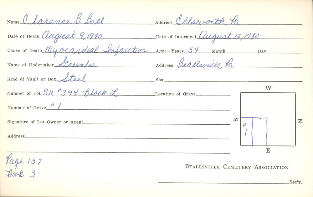 Clarence B. Ball burial card